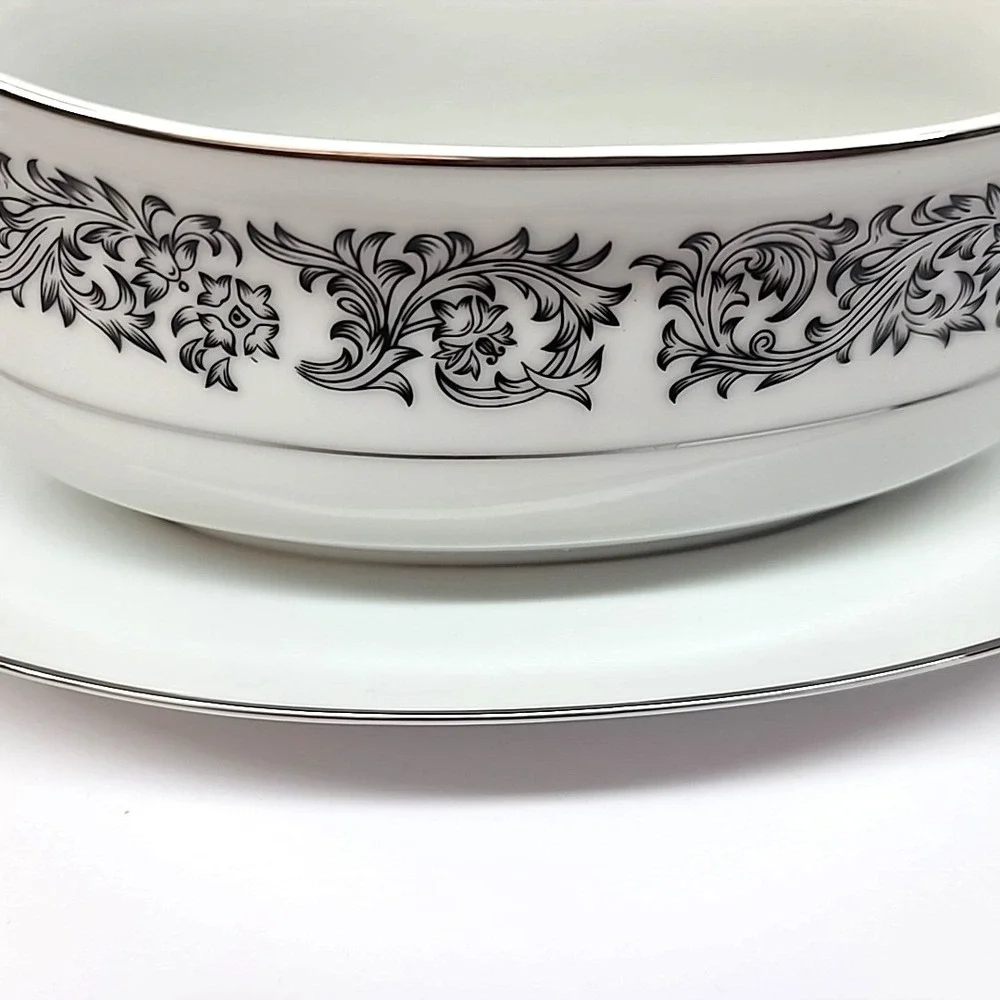 Society Fine China Elegance Pattern Black/White w/Silver Rim Gravy Boat